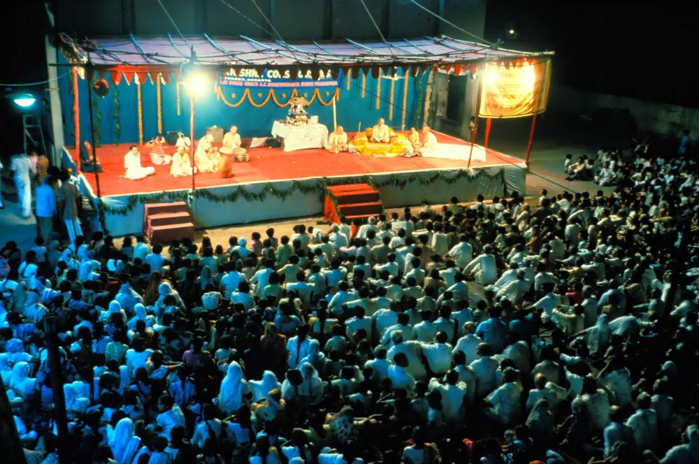 Prabhupada With a Group of Disciples at a Preaching Program in India