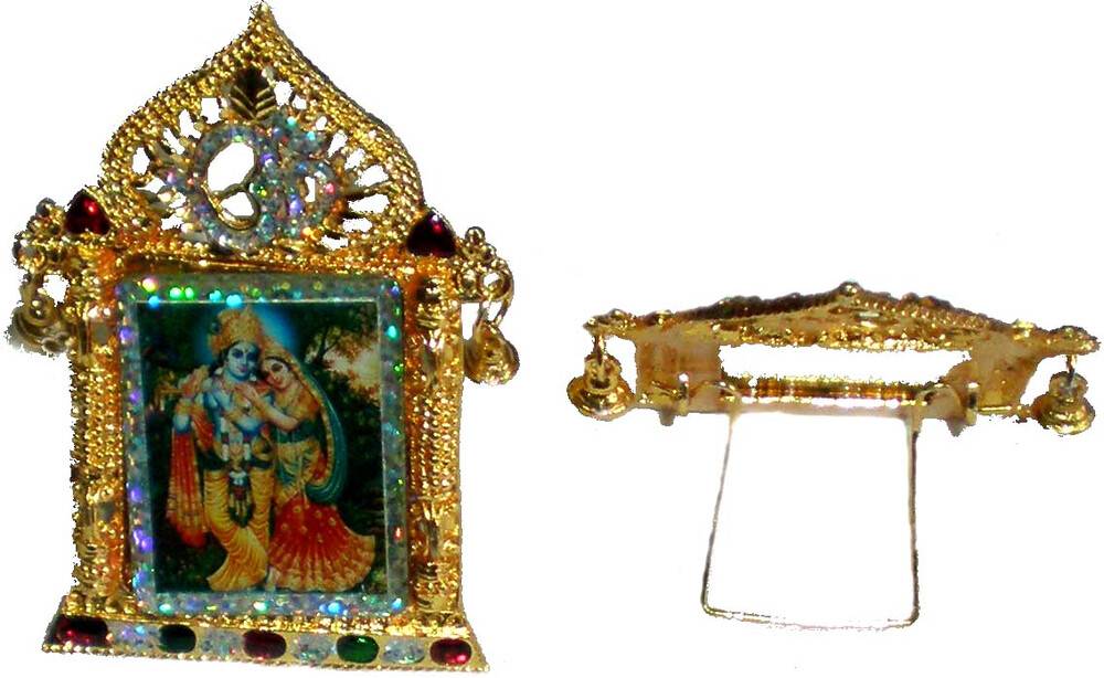Radha Krishna Golden Picture Stand with Om Sign