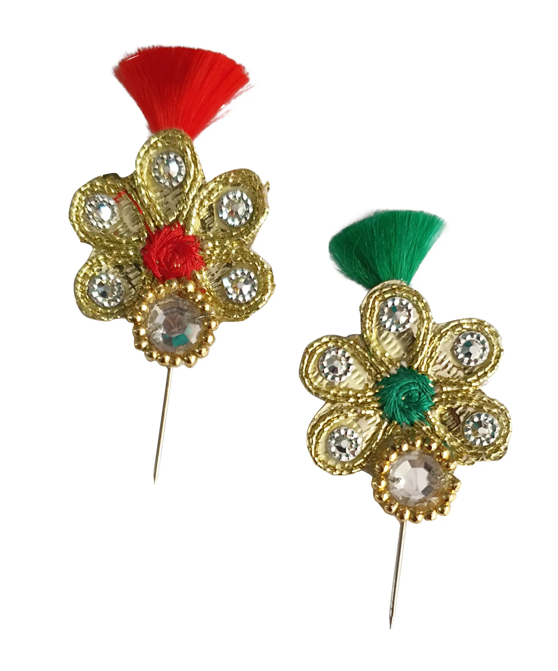 Deity Crown Decorative Pins with Colorful Feather, Golden Pearls & Diamond Flower