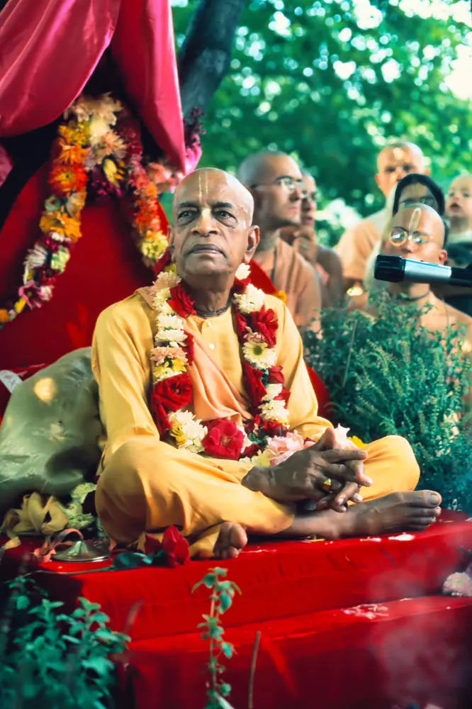 Prabhupada at New Vrindavan Sitting on Vyasasana Outside