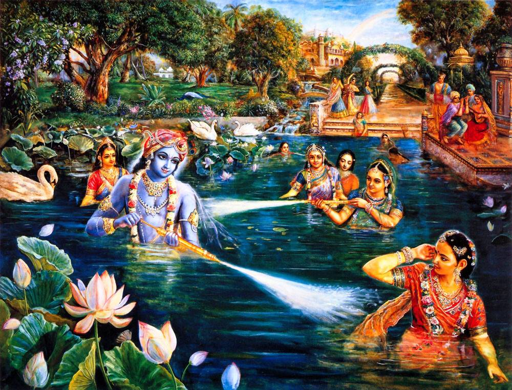 Lord Krishna Sports With His Queens in the Water