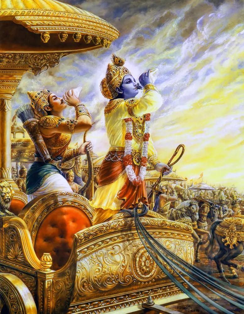 Krishna and Arjuna Blow Their Conchshells