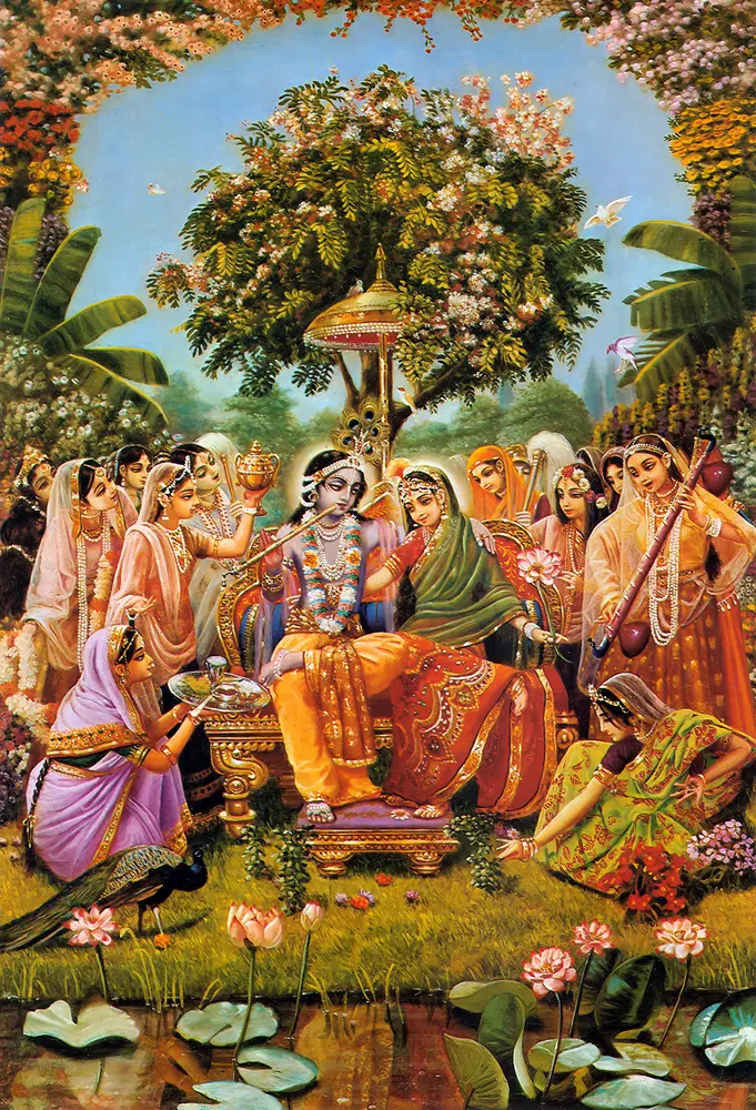 Seated Radha Krishna Sourrounded by Gopis