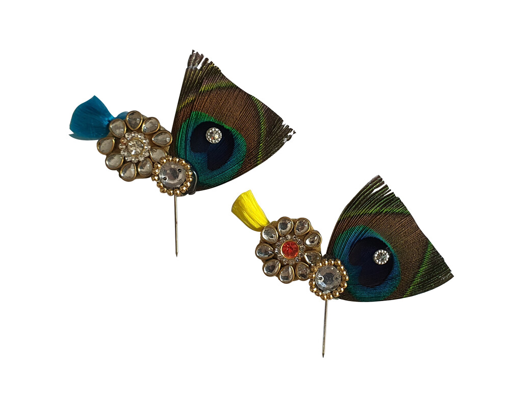 Deity Crown Decorative Pins with Circular Peacock Feather, Golden Pearls & Diamonds