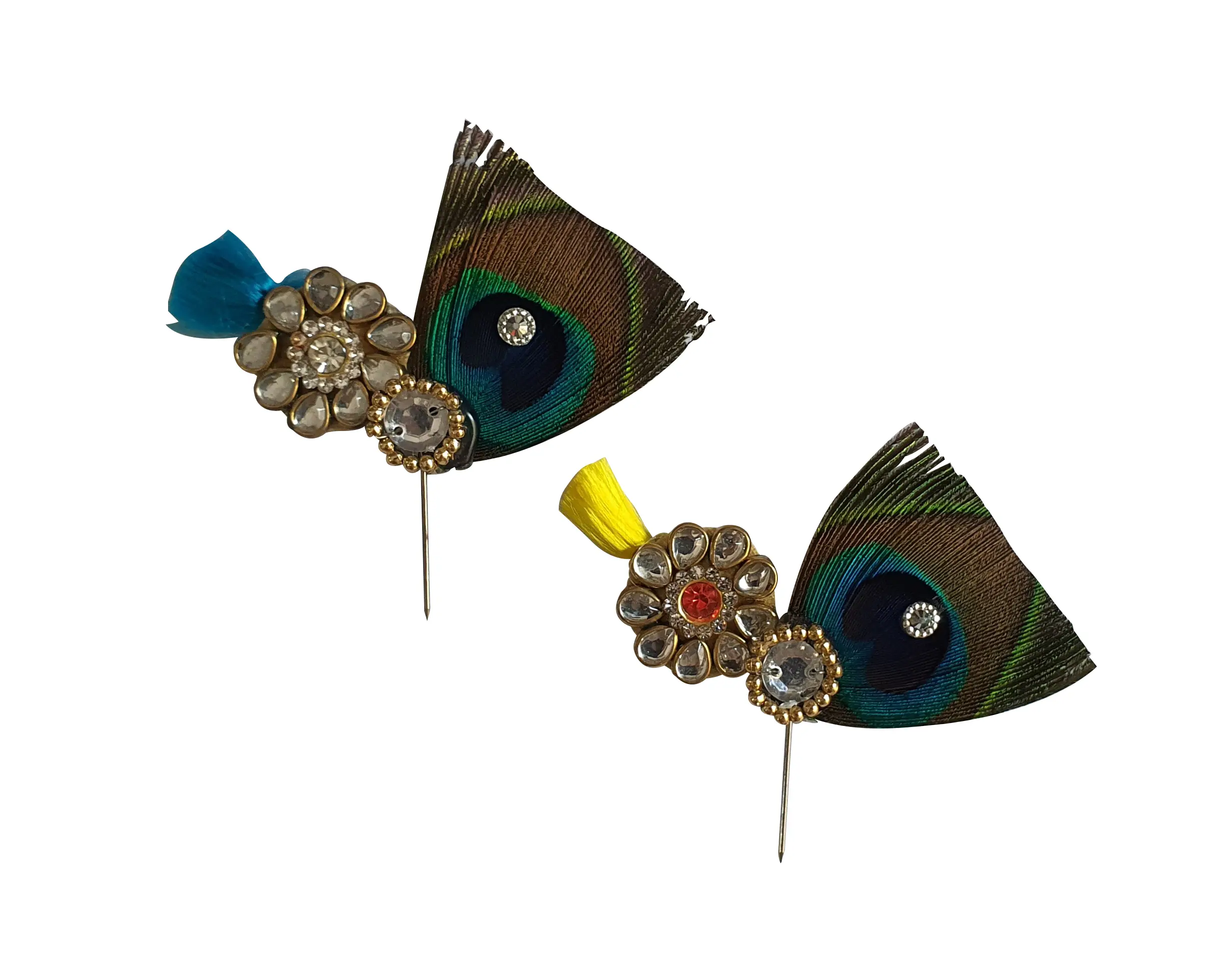 Deity Crown Decorative Pins with Colorful Feather, Golden Pearls & Diamond Flower