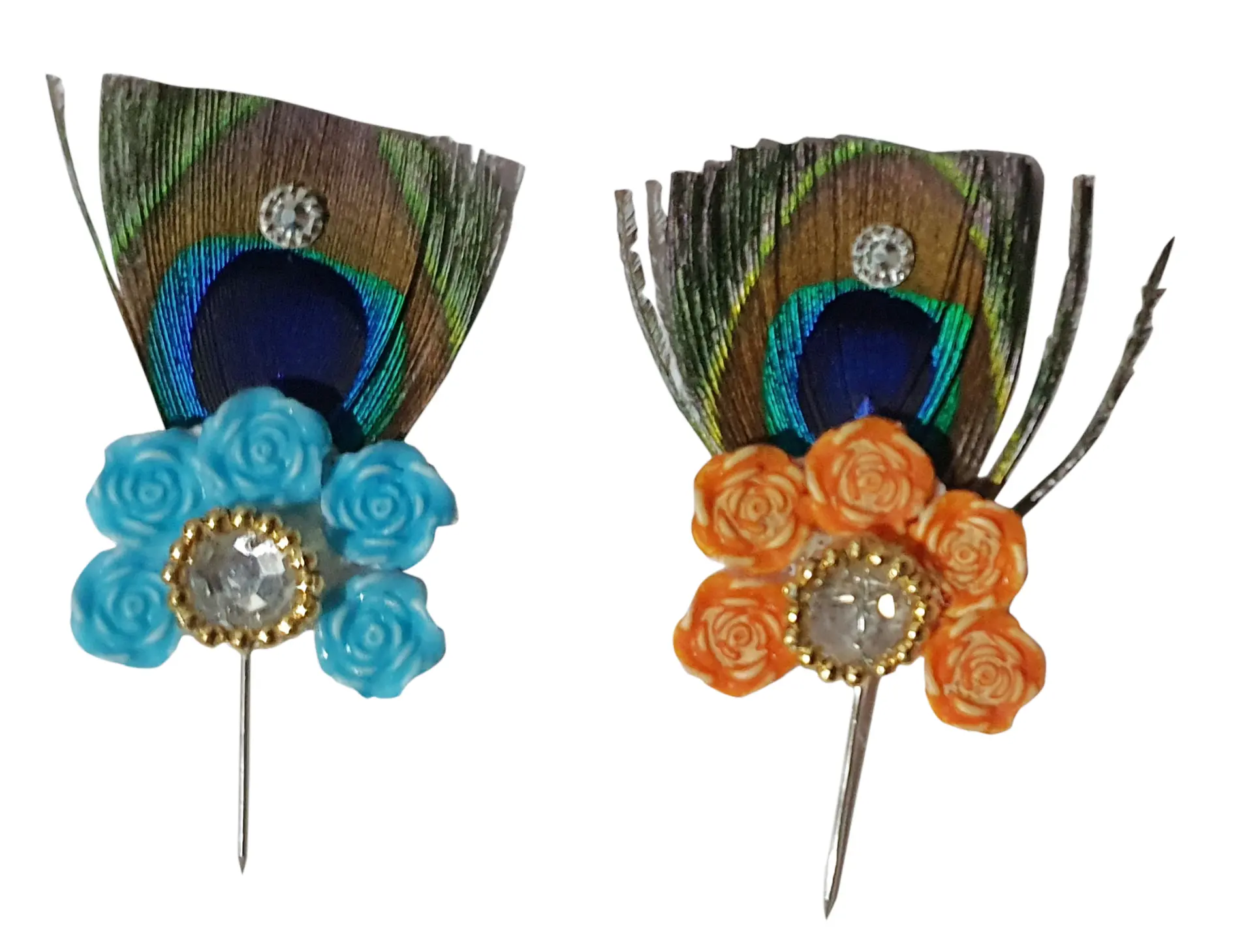 Deity Crown Decorative Pins with Colorful Feather, Golden Pearls & Diamond Flower