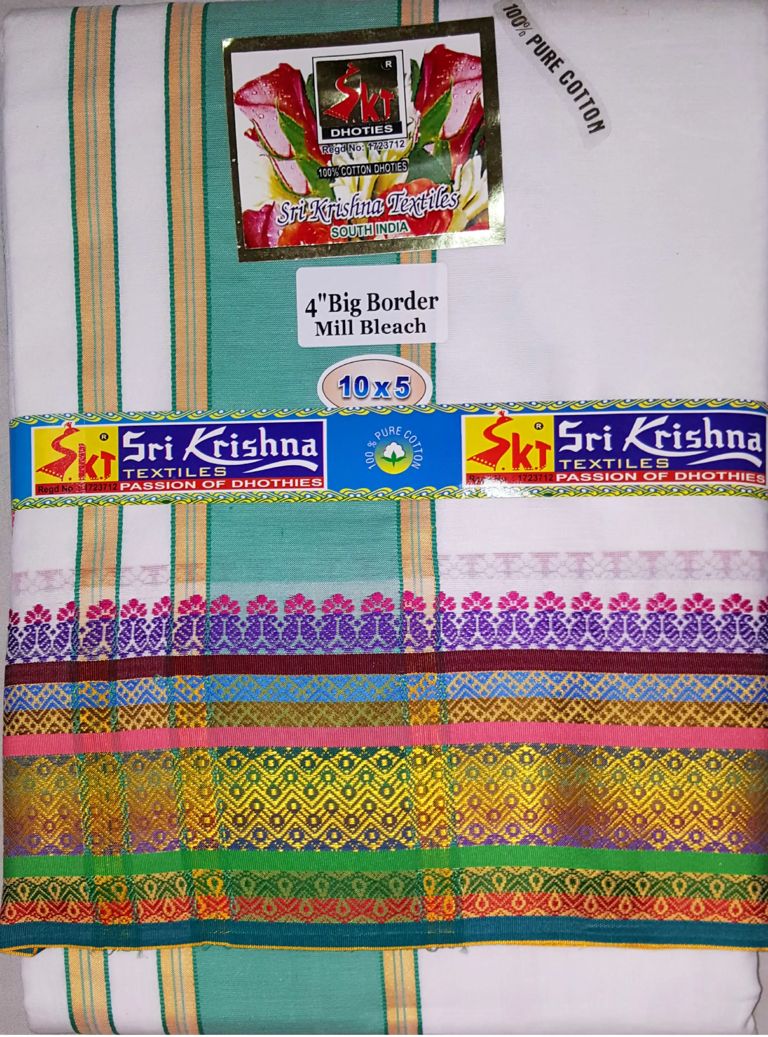 Dhoti / Chadar -- White Cotton Fine, Thick Solid Borders, \"Thillana\"
