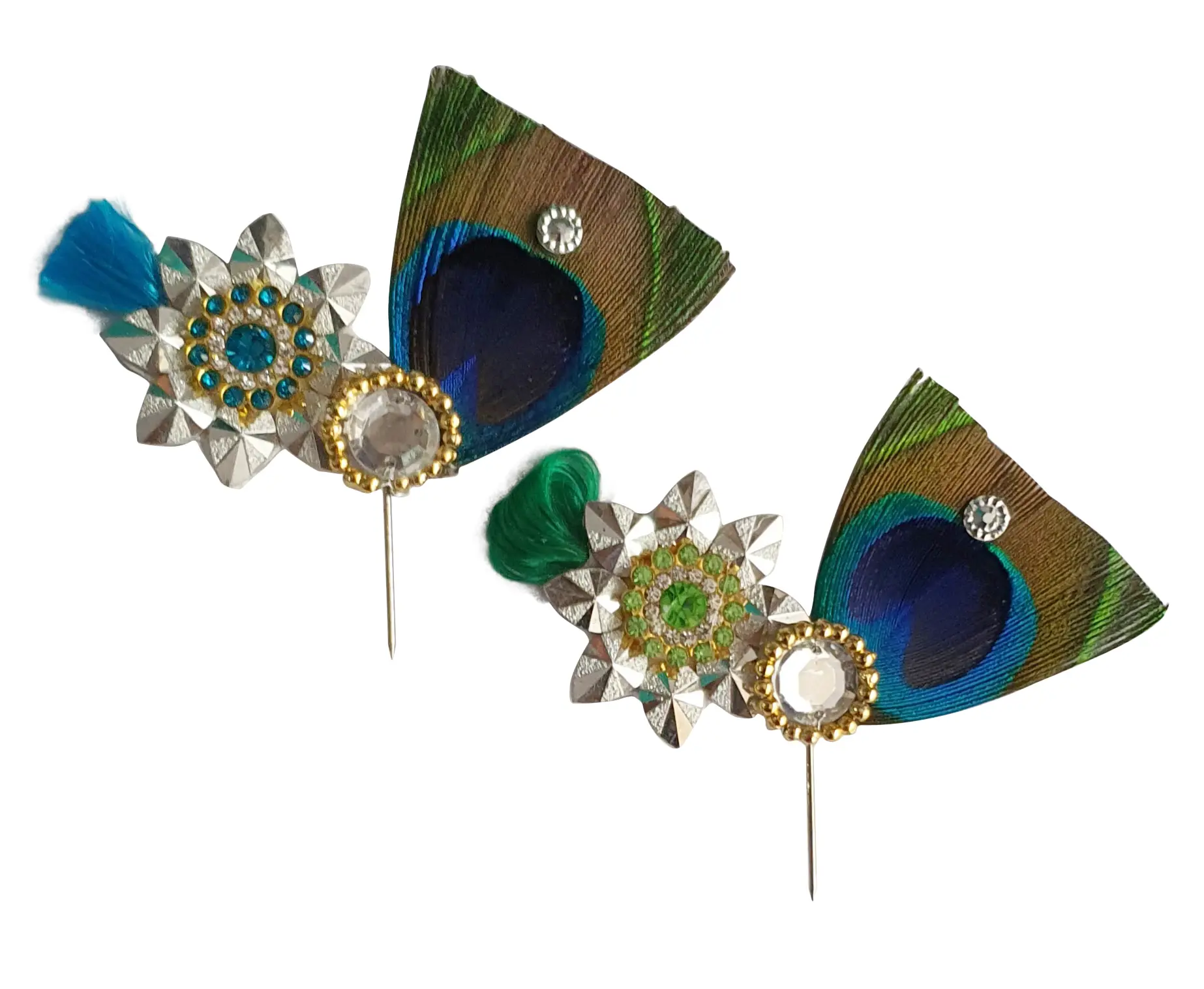 Deity Crown Decorative Pins with Colorful Feather, Golden Pearls & Diamond Flower