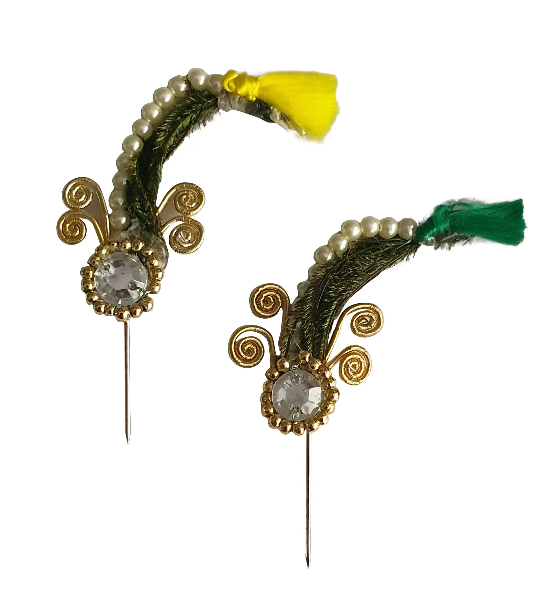 Deity Crown Decorative Pins with Colorful Feather, Golden Pearls & Diamond Flower
