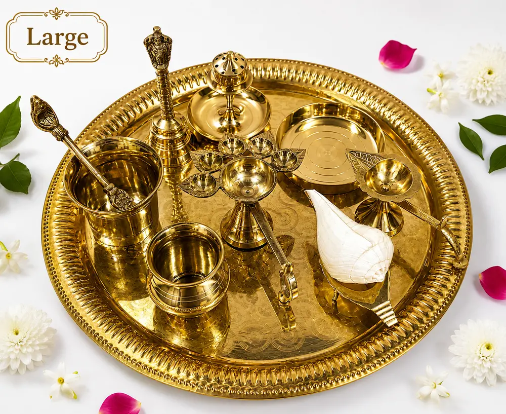 Medium Aroti Set (11.5\" tray w/ Bell, Incense Holder, Flower Tray, Conch, Ghee Lamp)