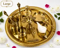 Large Aroti Set (13" tray with Bell, Incense Holder, Flower Tray, Conch, Ghee Lamps)