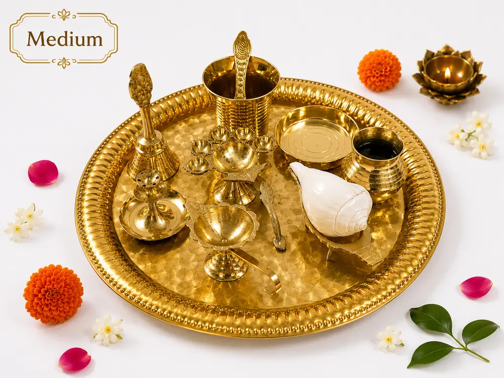 Medium Aroti Set (11.5\" tray w/ Bell, Incense Holder, Flower Tray, Conch, Ghee Lamp)