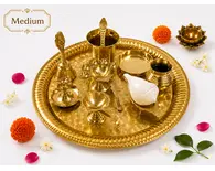 Medium Aroti Set (11.5" tray w/ Bell, Incense Holder, Flower Tray, Conch, Ghee Lamp)