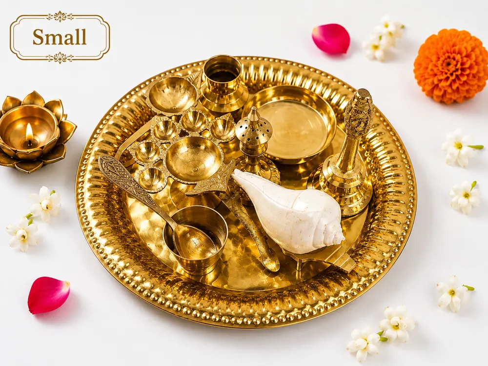 Medium Aroti Set (11.5\" tray w/ Bell, Incense Holder, Flower Tray, Conch, Ghee Lamp)