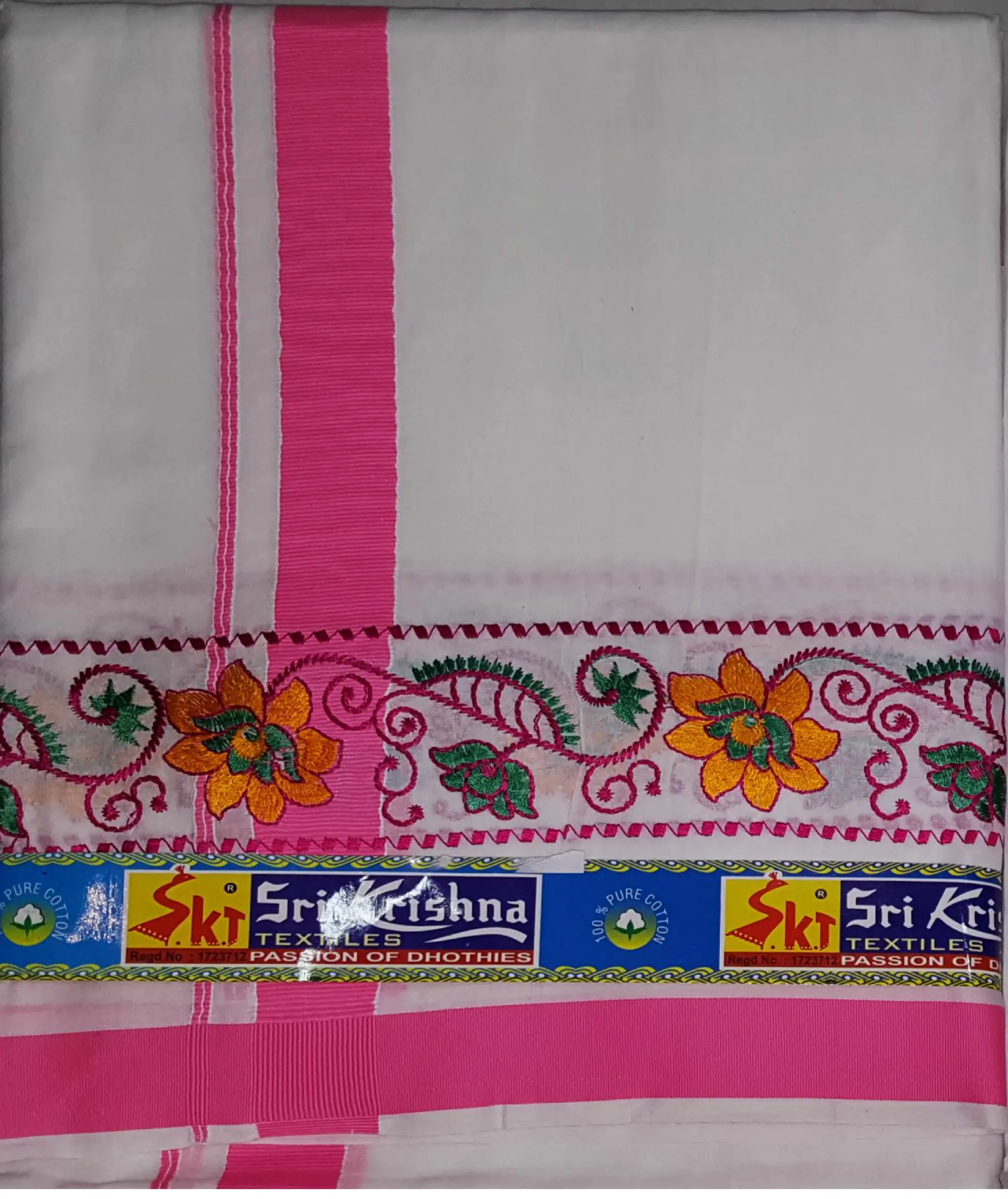 Dhoti / Chadar -- White Cotton Fine, Thick Solid Borders, \"Thillana\"