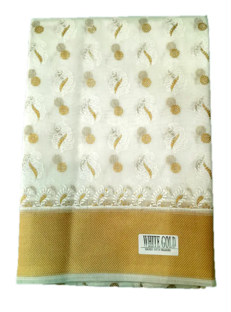 Sari, Cotton -- White with Gold Border (White Gold)