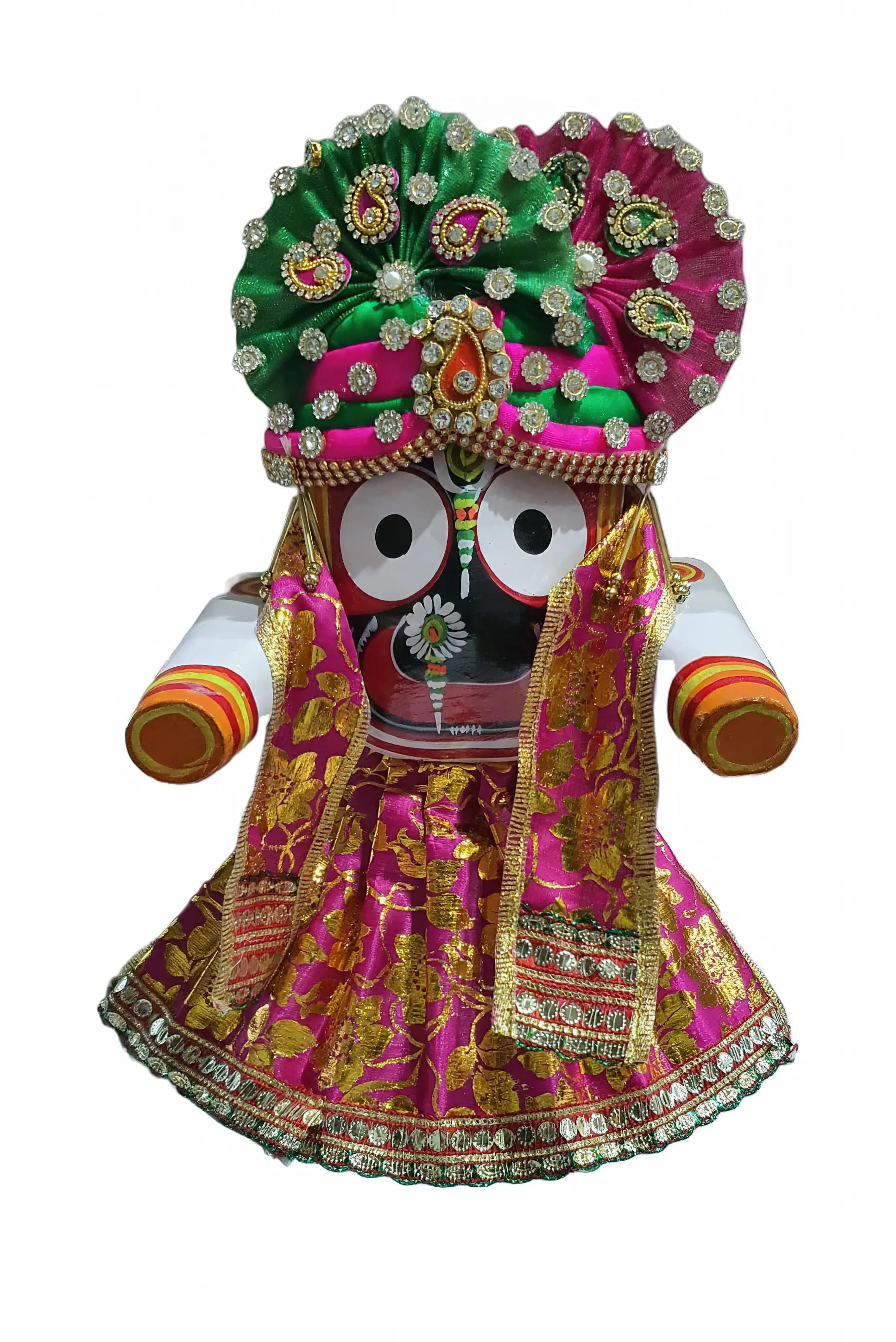 Jagannatha Crowns with Matching Dress - Yellow & Red Kerry, Flowers, Pearls & Diamonds (3 Crowns & Dresses)