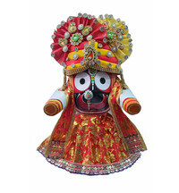 Jagannatha Crowns with Matching Dress - Yellow & Red Kerry, Flowers, Pearls & Diamonds (3 Crowns & Dresses)