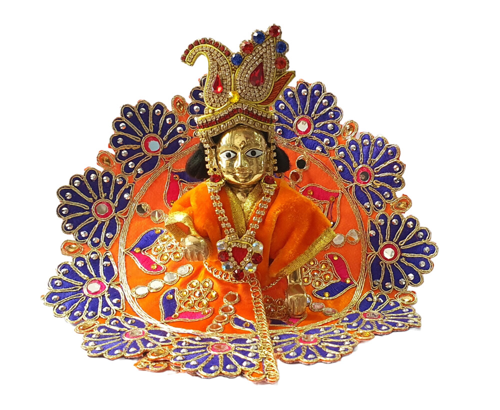 Laddu Gopal Crown and Necklace Set - Orange Green Thread & Diamond