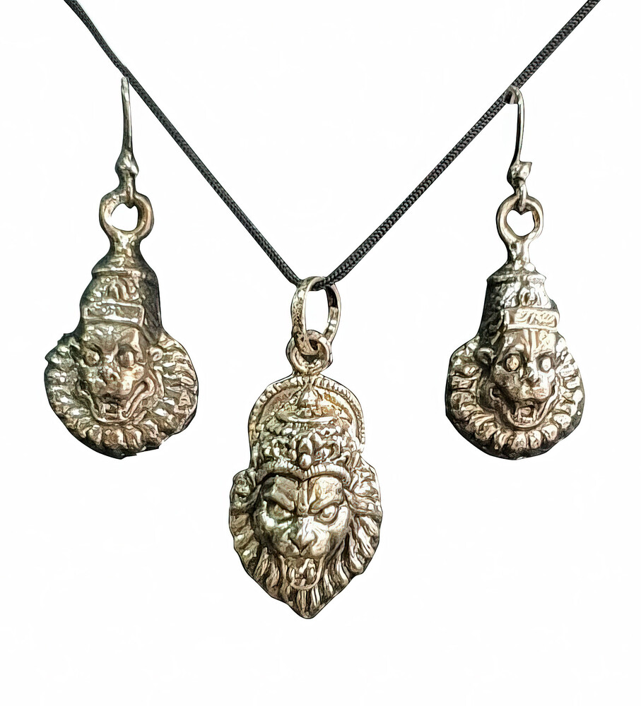 Sanskrit Krishna Leaf Set - Pair of Earrings & Matching Pendant with Black Thread