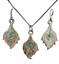 Peacock Feather Set - Pair of Earrings & Matching Pendant with Black Thread