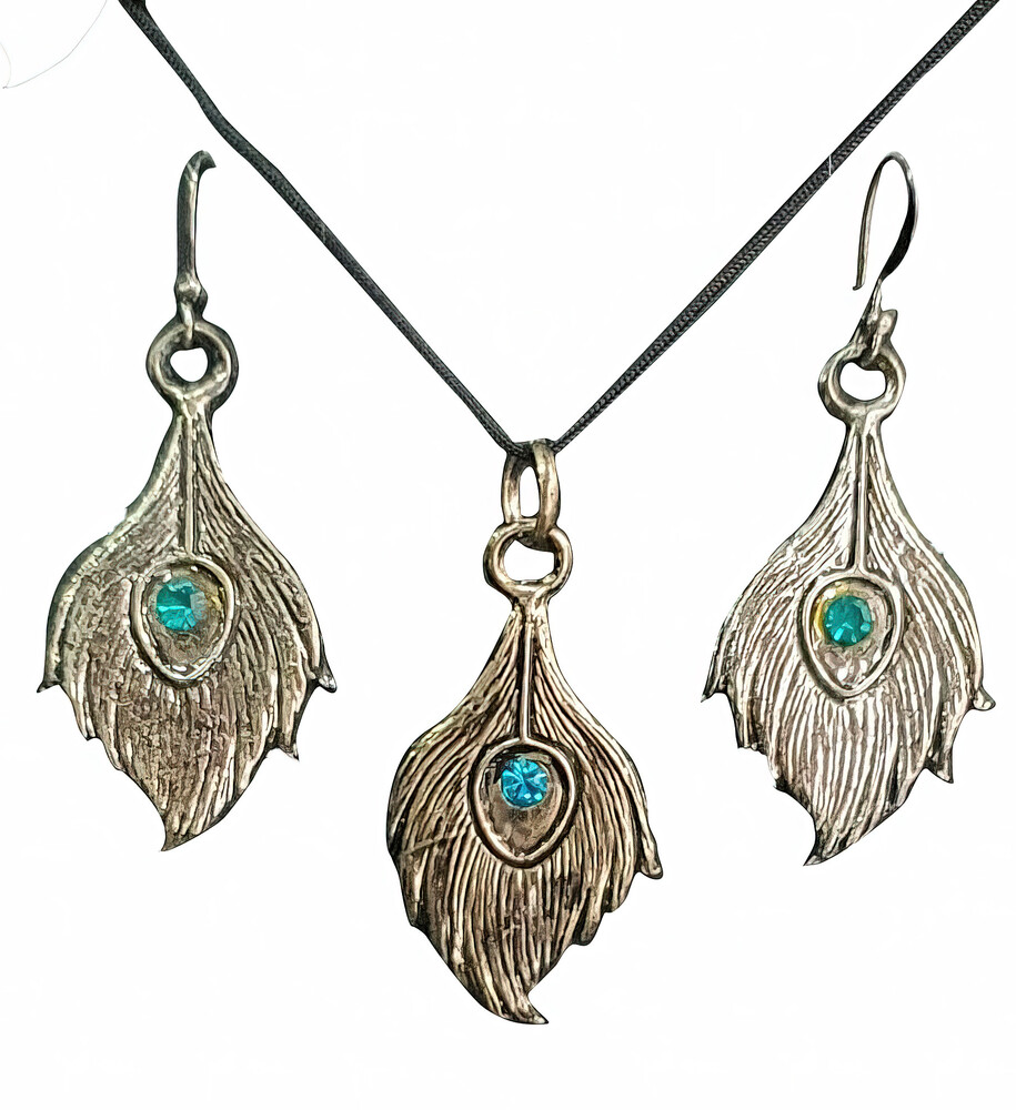 Sanskrit Krishna Leaf Set - Pair of Earrings & Matching Pendant with Black Thread