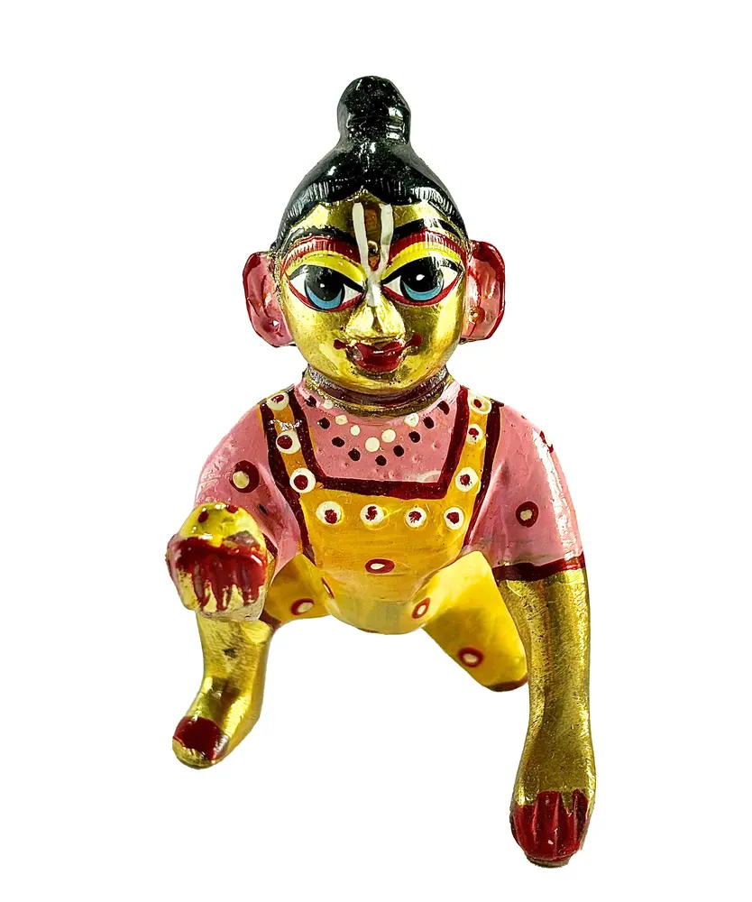 Laddu Gopal Painted Brass Sitting Deity 3.5\"