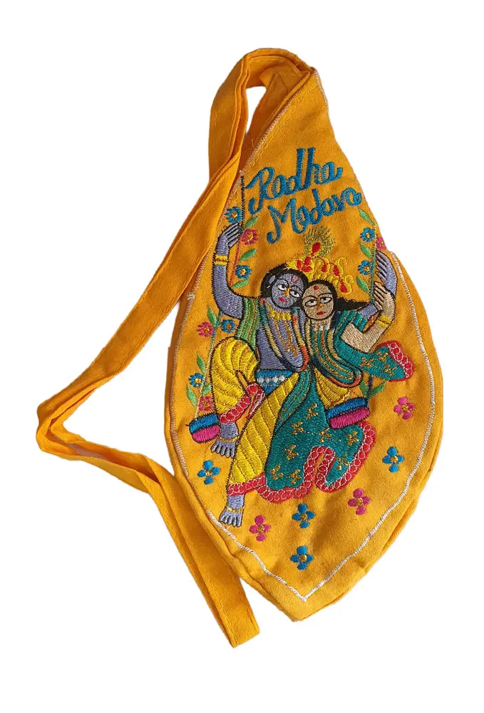 Radha Krishna On Swing Embroided Japa Bead Bag with Maha-Mantra on Back