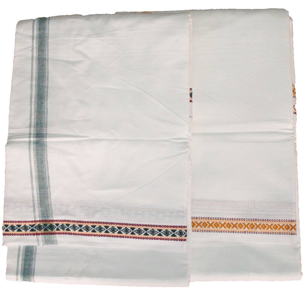 Dhoti White Cotton Thick -- Fancy Color Borders