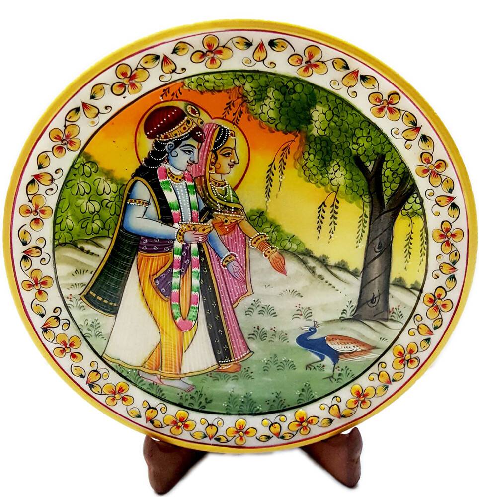 Marble Hand Painted Plate with Radha Krishna 9\"