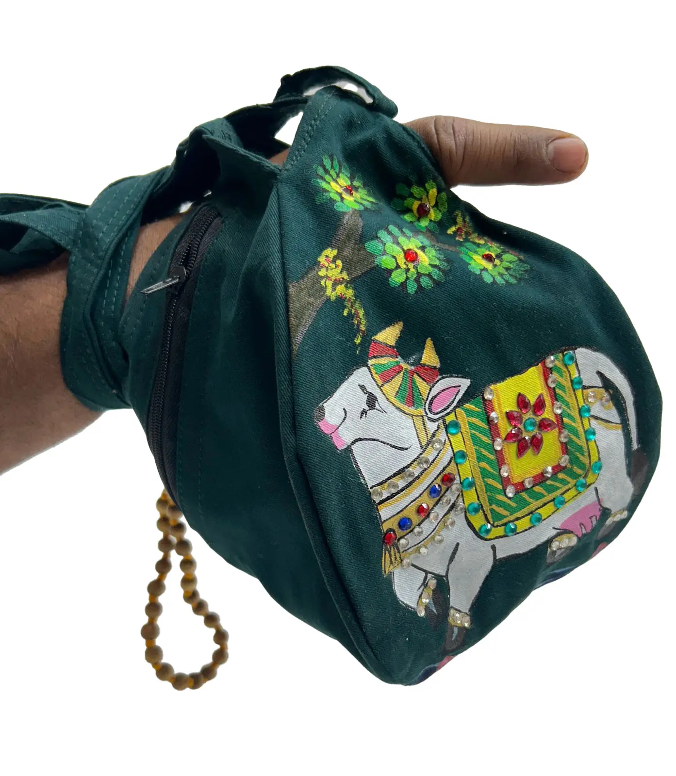 Hand Printed Sparkling Surbhi Cow Bead Bag